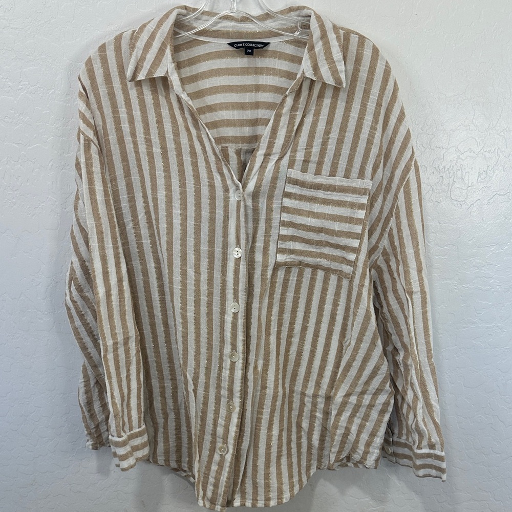 Club z collection Beige cream boho Striped Shirt plus women’s 2X blouse collared